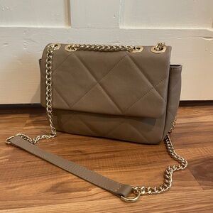 🌵Anna Paola Genuine Leather Taupe Quilted Crossbody Bag with Gold Hardware